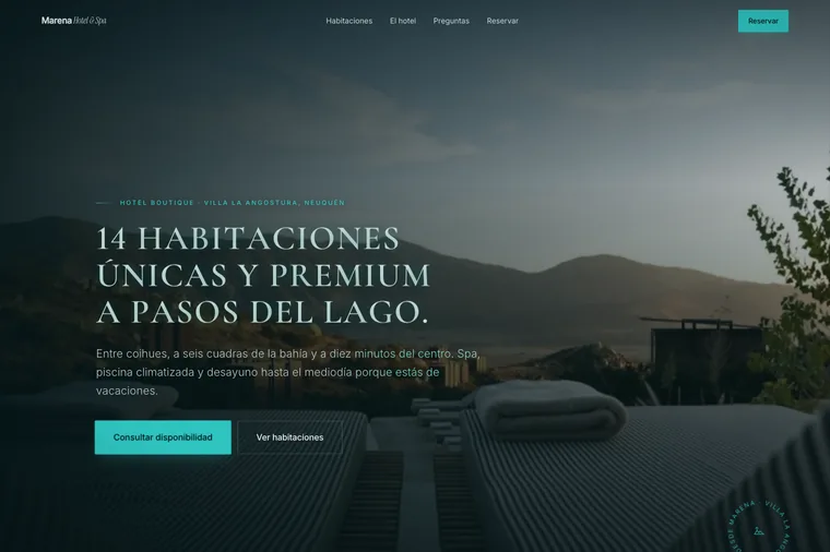 Portada de la landing de Marena: titular «14 habitaciones únicas» sobre el lago y la montaña