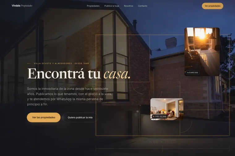 Portada de la landing de Vindala Propiedades: el titular «Encontrá tu casa» sobre una casa al anochecer, con dos fichas de propiedad flotando al costado